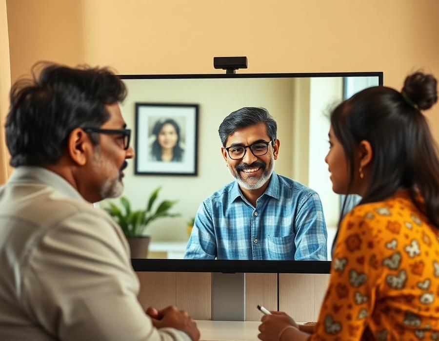 Family on a video guidance call with a counsellor